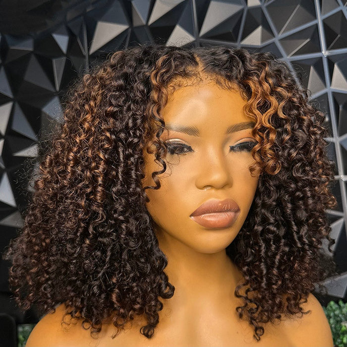 300% Density 4C Edges Coil Curly Bob Wig Highlights Balayage Short Bob Human Hair Glueless Wig with Curly Baby Hair