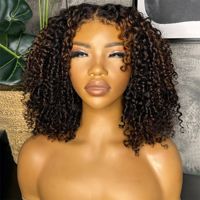 300% Density 4C Edges Coil Curly Bob Wig Highlights Balayage Short Bob Human Hair Glueless Wig with Curly Baby Hair