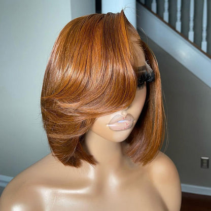 #30 Ginger Brown Glueless Straight Bob Wig Swoop Side Part Bangs Copper Hair Pre Cut HD Lace Wig