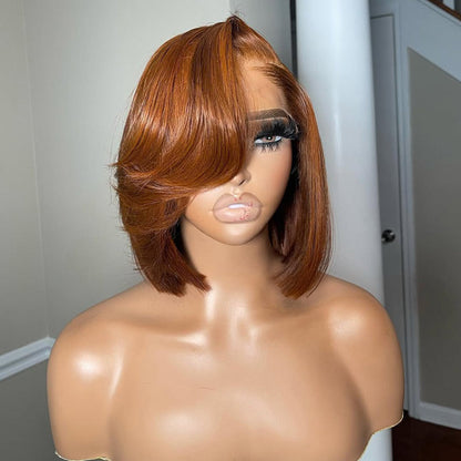 #30 Ginger Brown Glueless Straight Bob Wig Swoop Side Part Bangs Copper Hair Pre Cut HD Lace Wig