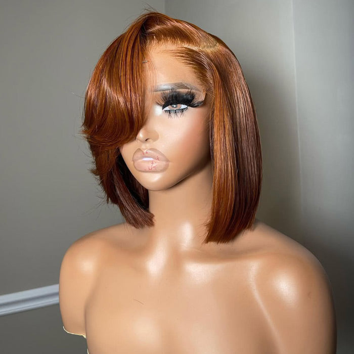 #30 Ginger Brown Glueless Straight Bob Wig Swoop Side Part Bangs Copper Hair Pre Cut HD Lace Wig