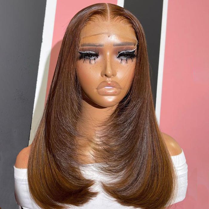 #30 Ginger Brown Straight Layered Cut Wig 8x5 Pre Cut Lace 13x4 13x6 HD Lace Front Glueless Wig