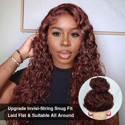 #33 Reddish Brown Invisi-String Snug Fit Water Wave 360 HD Lace Frontal Wig Put On & Go Glueless Wig