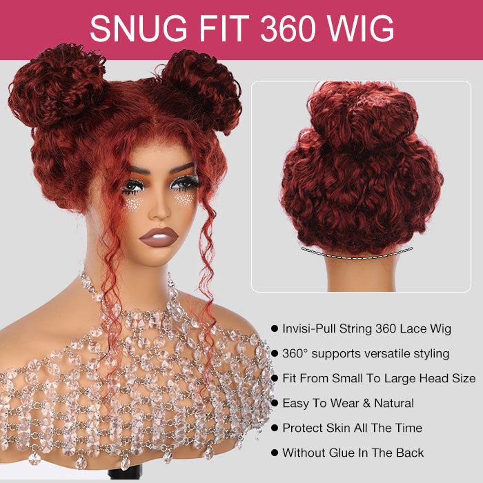 #33 Reddish Brown Invisi-String Snug Fit Water Wave 360 HD Lace Frontal Wig Put On & Go Glueless Wig