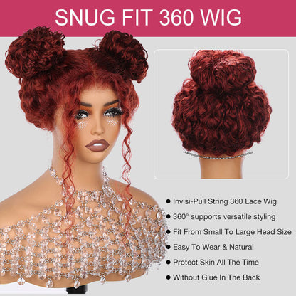 #33 Reddish Brown Invisi-String Snug Fit Water Wave 360 HD Lace Frontal Wig Put On & Go Glueless Wig