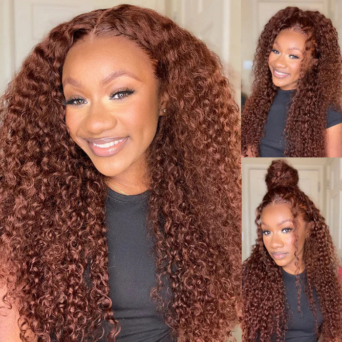 #33 Reddish Brown Invisi-String Snug Fit Water Wave 360 HD Lace Frontal Wig Put On & Go Glueless Wig