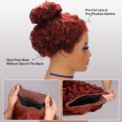 #33 Reddish Brown Invisi-String Snug Fit Water Wave 360 HD Lace Frontal Wig Put On & Go Glueless Wig
