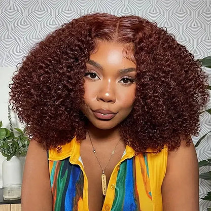 Reddish Brown Color Curly Short Bob Wigs Glueless HD Lace Front Human Hair Wigs Pre-Plucked Hairline