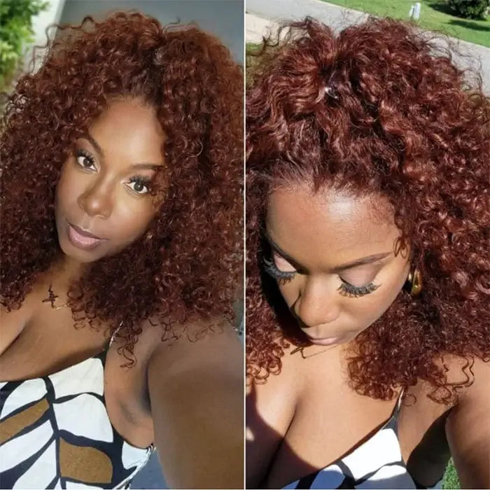 Reddish Brown Color Curly Short Bob Wigs Glueless HD Lace Front Human Hair Wigs Pre-Plucked Hairline