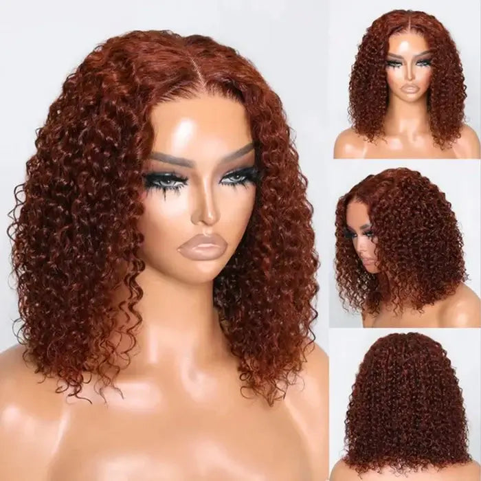 Reddish Brown Color Curly Short Bob Wigs Glueless HD Lace Front Human Hair Wigs Pre-Plucked Hairline