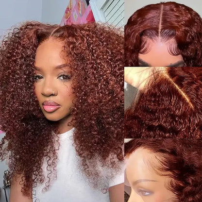 Reddish Brown Color Curly Short Bob Wigs Glueless HD Lace Front Human Hair Wigs Pre-Plucked Hairline