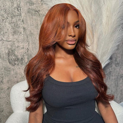 Curtain Bangs Glueless HD Lace Wig Reddish Brown Straight Human Hair Wigs with Adjustable Strap