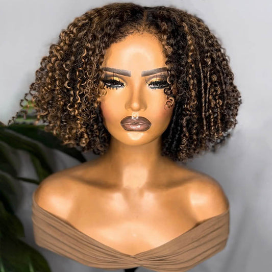 350% Density 4C Edges Balayage Highlights Curly Bob Wig Blonde Brown Black Glueless Human Hair HD Lace Wig