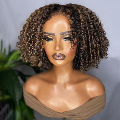 350% Density 4C Edges Balayage Highlights Curly Bob Wig Blonde Brown Black Glueless Human Hair HD Lace Wig