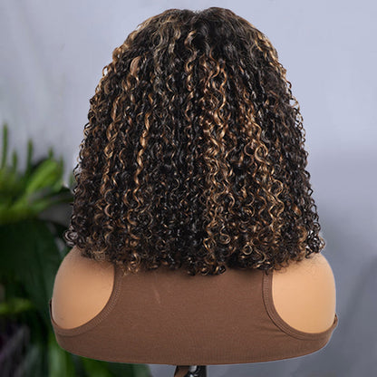350% Density 4C Edges Balayage Highlights Curly Bob Wig Blonde Brown Black Glueless Human Hair HD Lace Wig