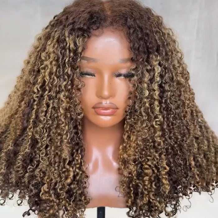 350% Density Golden Balayage Highlights Coil Curly 4C Edges Glueless Wig Natural Hairline