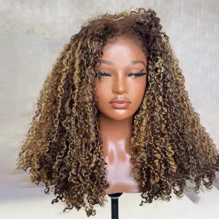 350% Density Golden Balayage Highlights Coil Curly 4C Edges Glueless Wig Natural Hairline