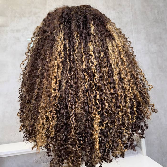 350% Density Golden Balayage Highlights Coil Curly 4C Edges Glueless Wig Natural Hairline