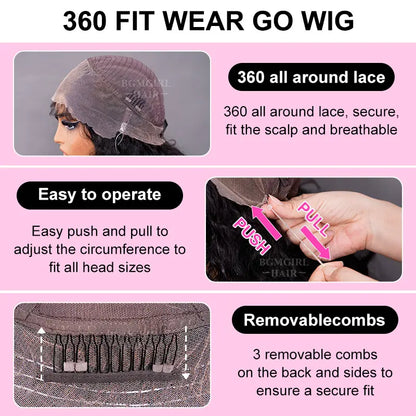 360 Lace Water Wave Invisi Draw String Wear Go Wig Pre-Bleached Pre-Cut Lace Glueless Wig | BGMgirl Hair