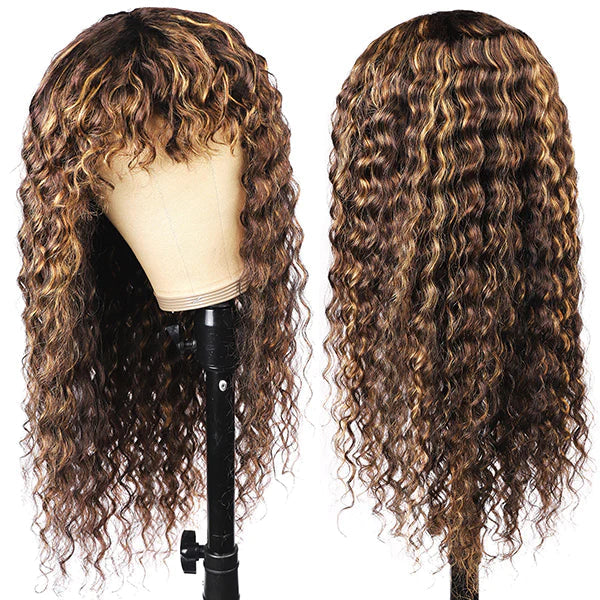 P4/27 Piano Highlights Color Wig With Bangs Deep Wave Curly Top-Lace Colored Wig Protective Style Human Hair Wigs