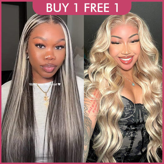 [$399 = 2 Wigs] Salt and Pepper Straight Hair P1B/613 Highlights Wig & P18/613 Ash Blonde Body Wave Wig Special Offer