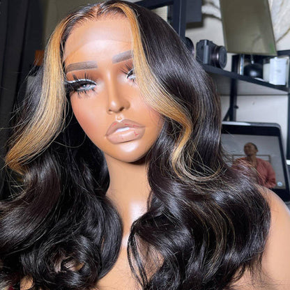 14Inch $89.9 Skunk Stripe Body Wave Bob Wig Human Hair Wigs 13x4 Transparent HD Lace Wig 180% Density