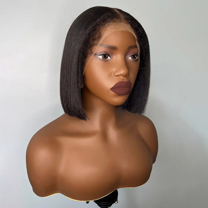 4B 4C Hairline Kinky Edges Straight Bob Wig Bleached Knots Glueless HD Lace Wig 220% Density