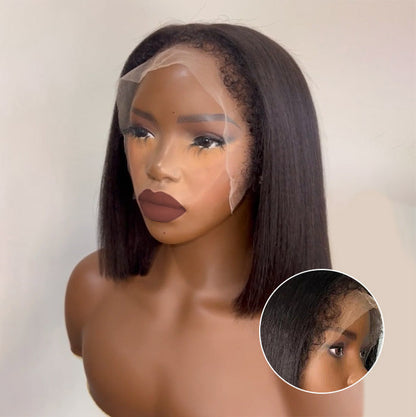 4B 4C Hairline Kinky Edges Straight Bob Wig Bleached Knots Glueless HD Lace Wig 220% Density