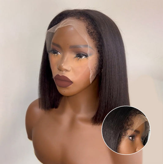4B 4C Hairline Kinky Edges Straight Bob Wig Bleached Knots Glueless HD Lace Wig 220% Density