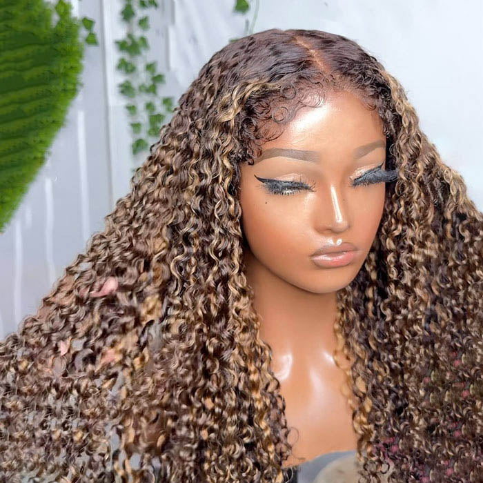 4B 4C Hairline Kinky Edges Water Wave Balayage Highlights Wig Glueless HD Lace Frontal Human Hair Wigs