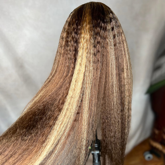 4C Edges Balayage Highlights Pull Go Drawstring Wig Kinky Straight Glueless Human Hair Wigs