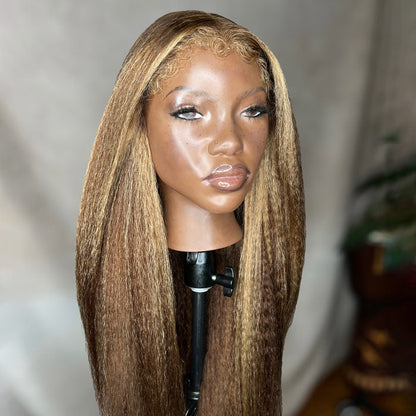 4C Edges Balayage Highlights Pull Go Drawstring Wig Kinky Straight Glueless Human Hair Wigs