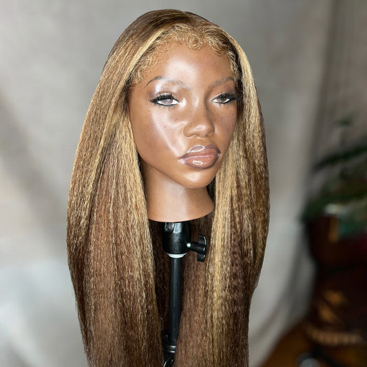 4C Edges Balayage Highlights Pull Go Drawstring Wig Kinky Straight Glueless Human Hair Wigs