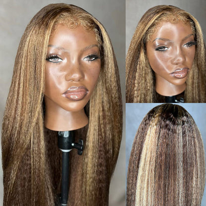 4C Edges Balayage Highlights Pull Go Drawstring Wig Kinky Straight Glueless Human Hair Wigs