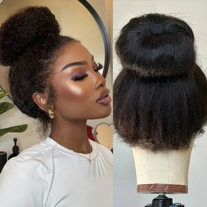 4C Edges Kinky Straight 360 HD Lace Human Hair Yaki Wig With Super Natural Hairline