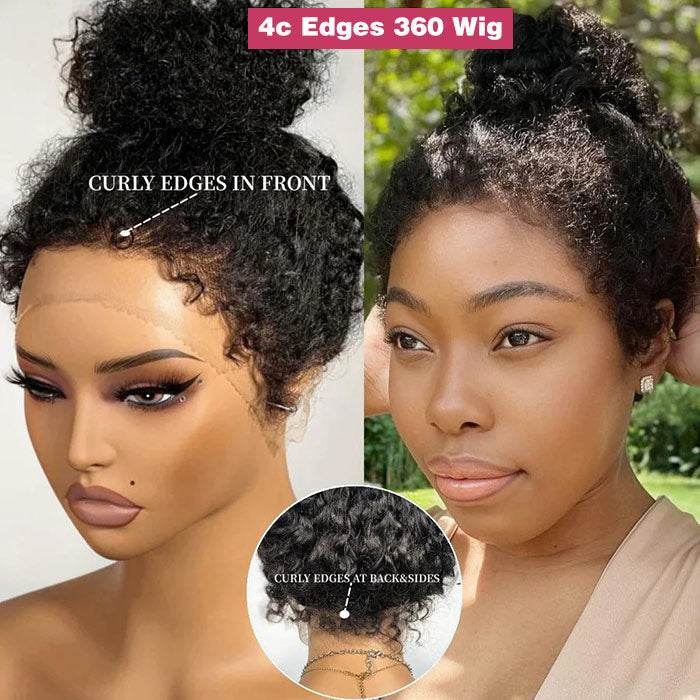 4C Edges Kinky Straight 360 HD Lace Human Hair Yaki Wig With Super Natural Hairline