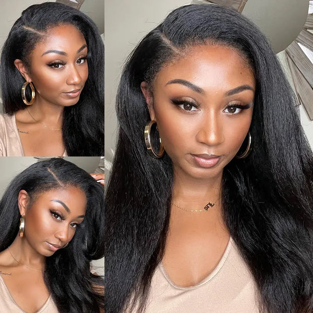 4C Edges Kinky Straight 360 HD Lace Human Hair Yaki Wig With Super Natural Hairline