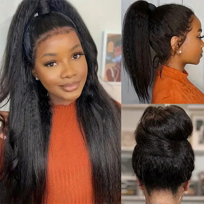4C Edges Kinky Straight 360 HD Lace Human Hair Yaki Wig With Super Natural Hairline