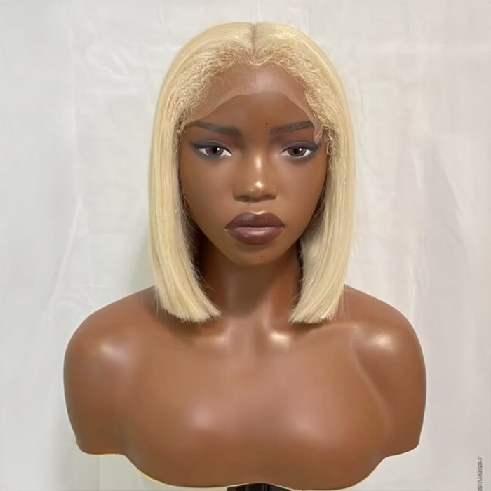 4C Kinky Edges Hairline Bleached Knots 613 Blonde Straight Glueless Bob Wig with Curly Baby Hair