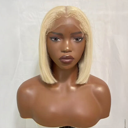 4C Kinky Edges Hairline Bleached Knots 613 Blonde Straight Glueless Bob Wig with Curly Baby Hair
