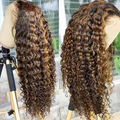 Curly Wigs 4/27 Brown Colored Highlight 4x4 HD Transparent Lace Closure Wig