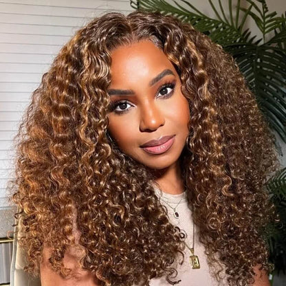 Curly Wigs 4/27 Brown Colored Highlight 4x4 HD Transparent Lace Closure Wig