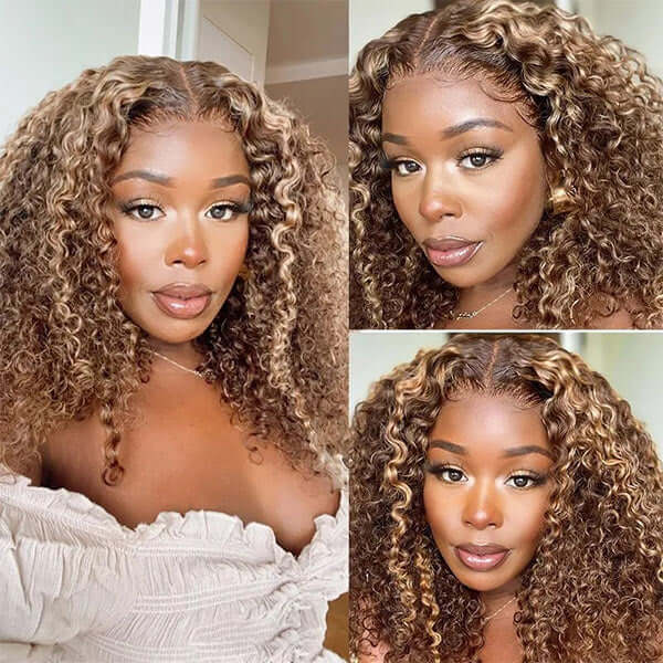 Curly Wigs 4/27 Brown Colored Highlight 4x4 HD Transparent Lace Closure Wig