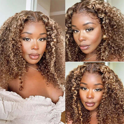 Curly Wigs 4/27 Brown Colored Highlight 4x4 HD Transparent Lace Closure Wig
