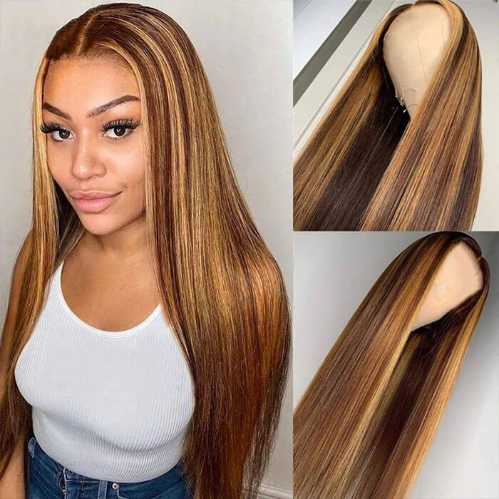 18"=$98 Highlight Wigs 4/27 Color 4x4 HD Lace Closure Wig Straight Human Hair Wig Special Offer