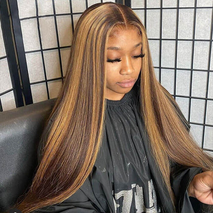 Subella Straight 4/27 Brown Colored Highlight Wig HD Transparent Lace Closure Wig