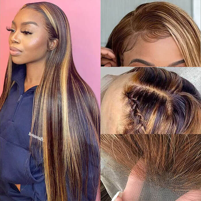 18"=$98 Highlight Wigs 4/27 Color 4x4 HD Lace Closure Wig Straight Human Hair Wig Special Offer