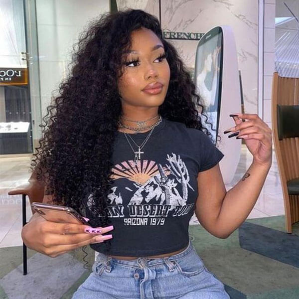 Subella 4x4 HD Transparent Lace Closure Human Hair Curly Wigs Pre Plucked Natural Black Color 180% Density