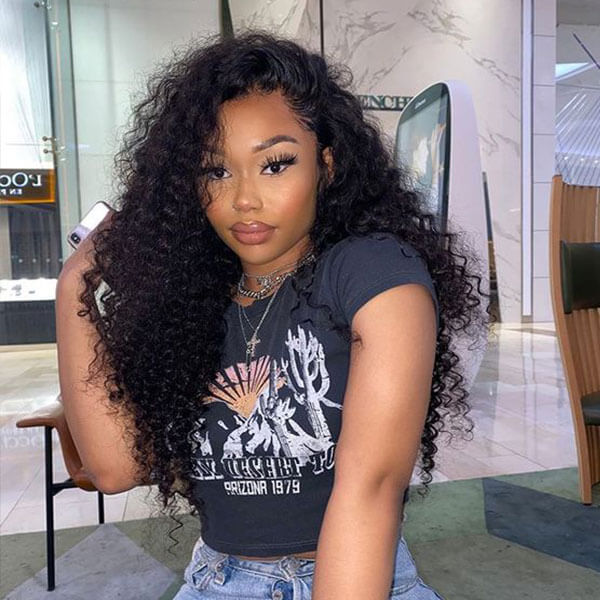 Subella 4x4 HD Transparent Lace Closure Human Hair Curly Wigs Pre Plucked Natural Black Color 180% Density