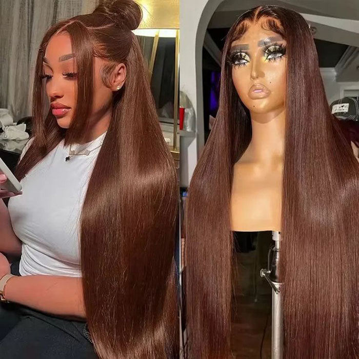 [BOGO] #4 Chocolate Brown Straight 13x4 Lace Front Wig Colored Human Hair Wigs With Bleached Knots Special Offer